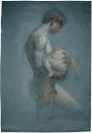 Egon Schiele, STEHENDER MÄNNERAKT MIT EINEM KLEINKIND, ca. 1908, Charcoal, crayon on grey-blue paper, 36.7 x 25.2 cm